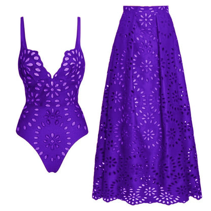 Bathing Suit Petal Hollow V Neck Swimsuit and Skirt