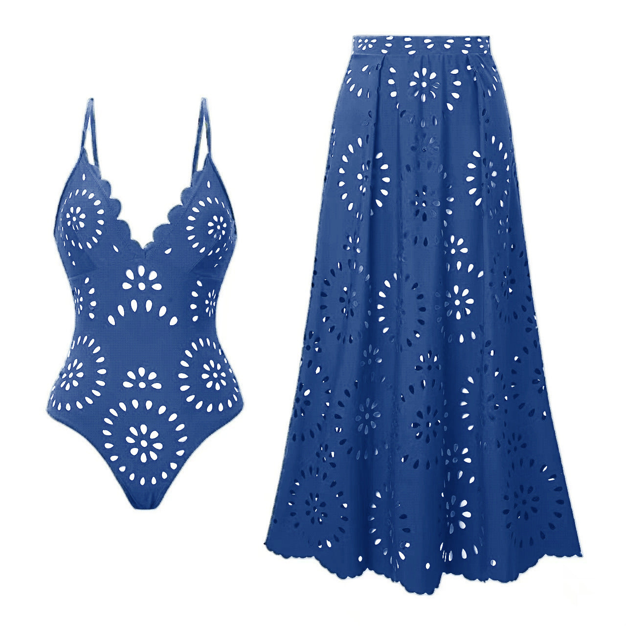 Bathing Suit Petal Hollow V Neck Swimsuit and Skirt