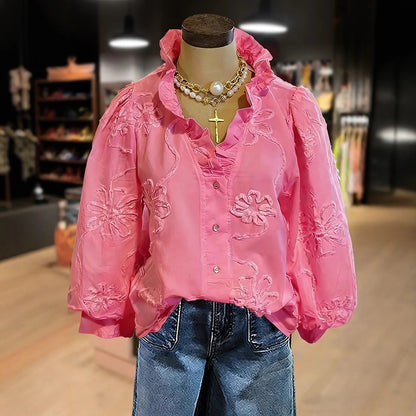 Button Down 3d Floral Top