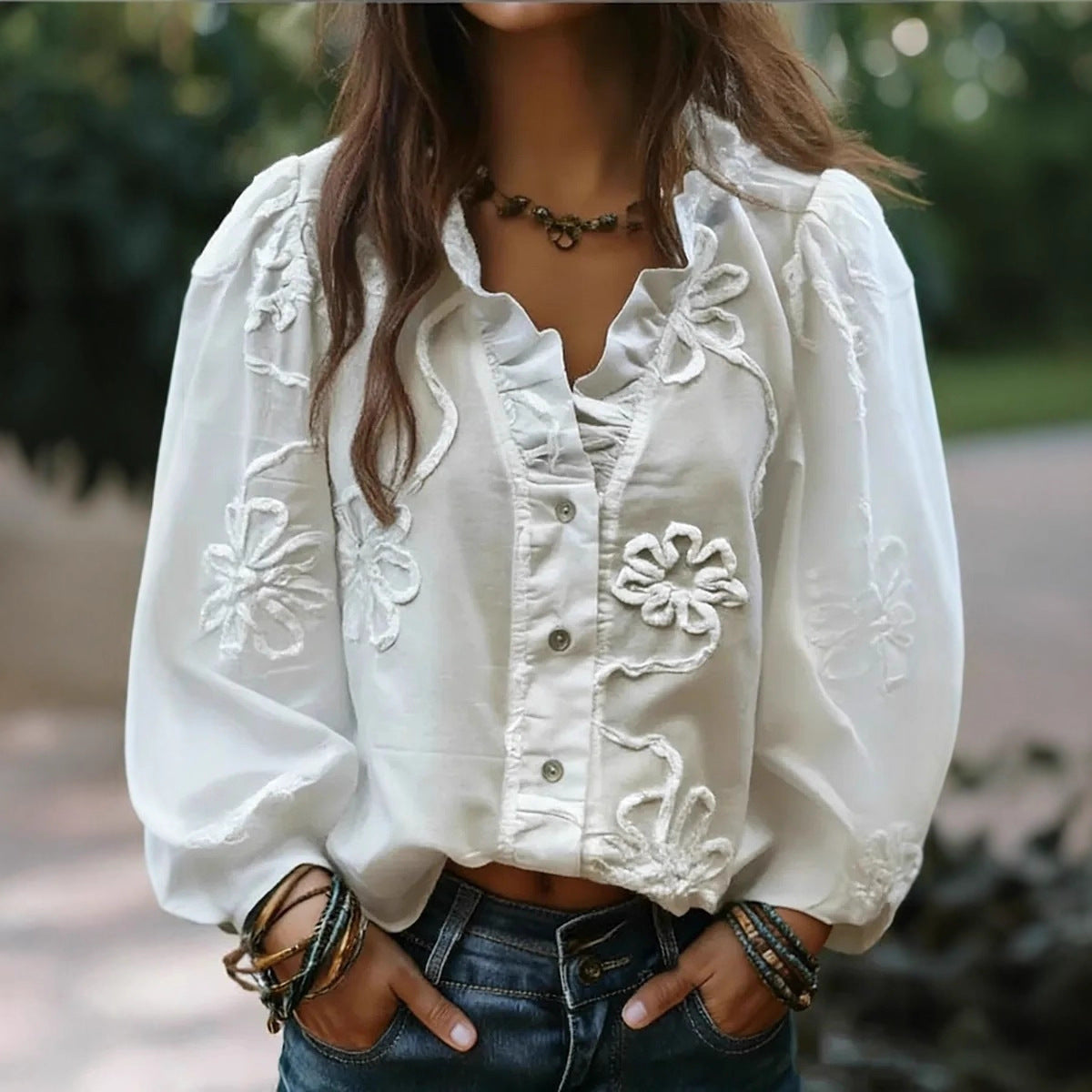 Button Down 3d Floral Top