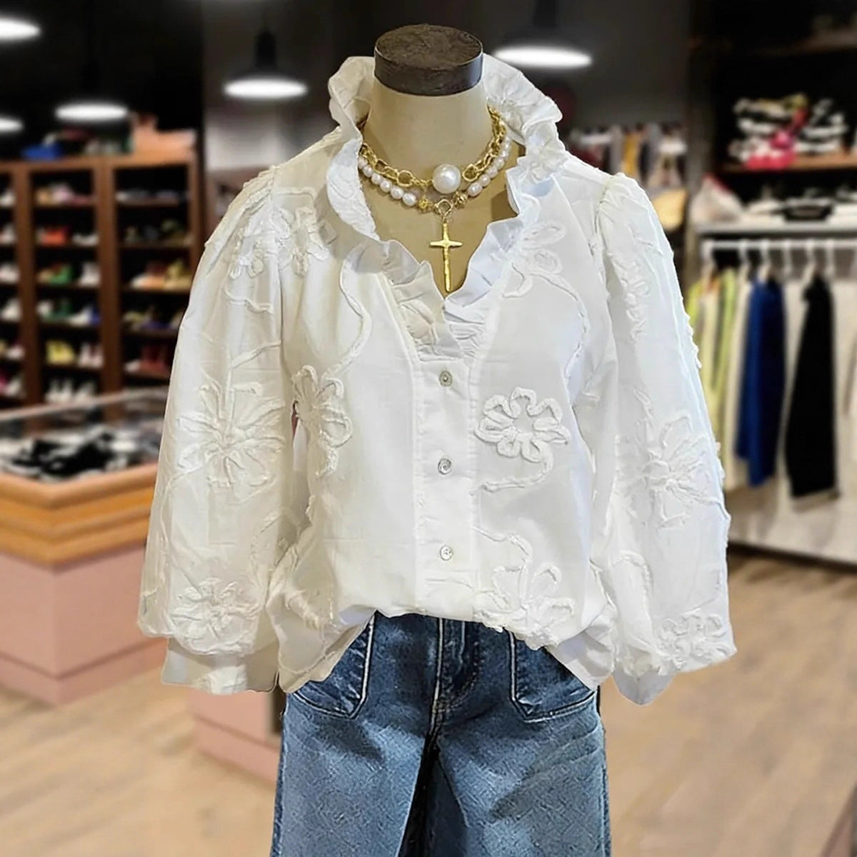 Button Down 3d Floral Top