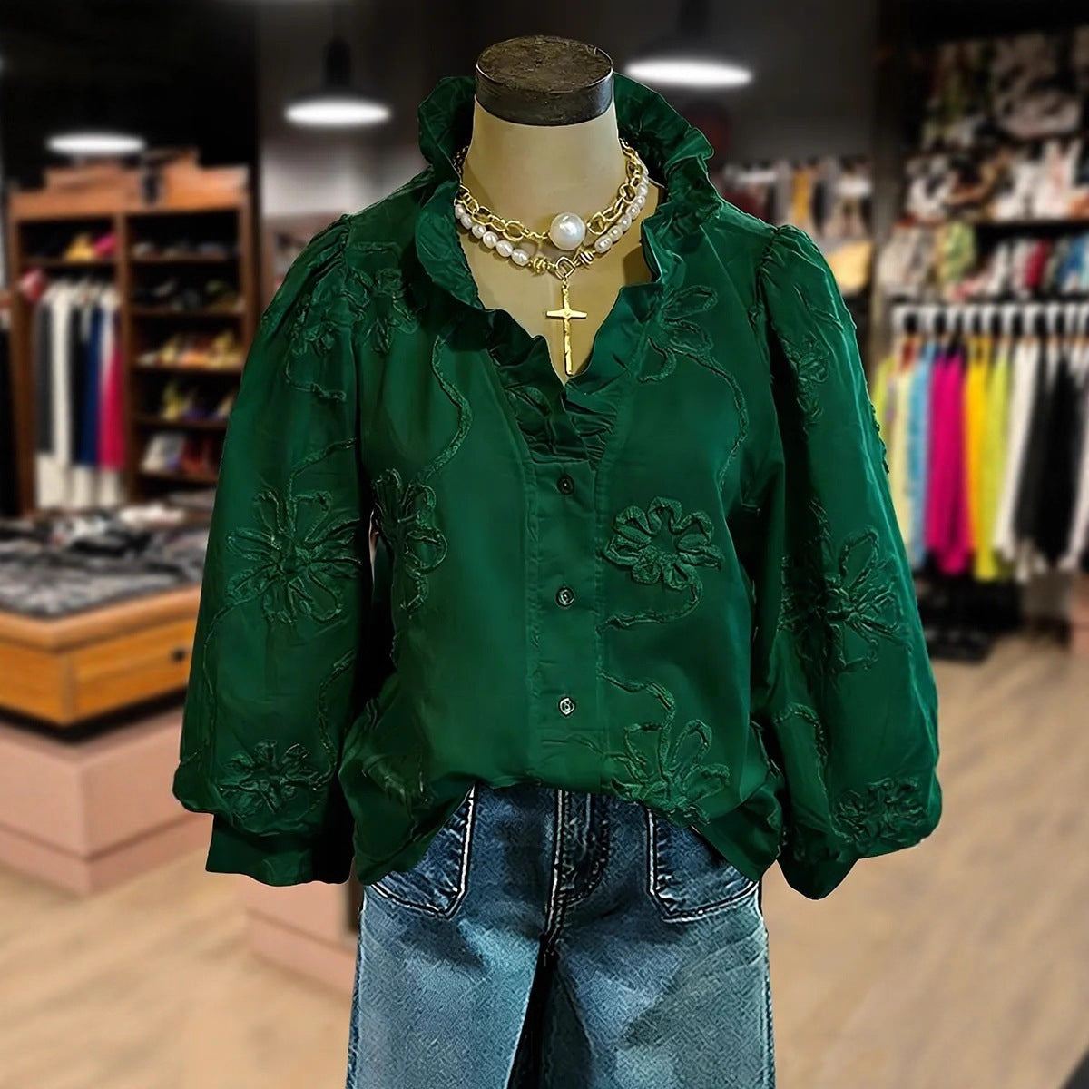 Button Down 3d Floral Top