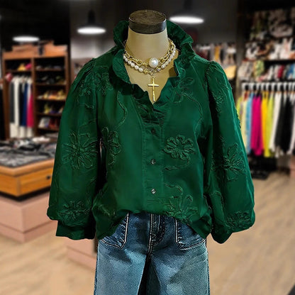 Button Down 3d Floral Top
