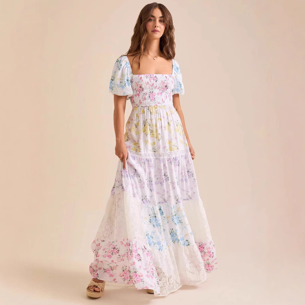 Floral Lace Panel Puff Sleeve Shirred Maxi Dress