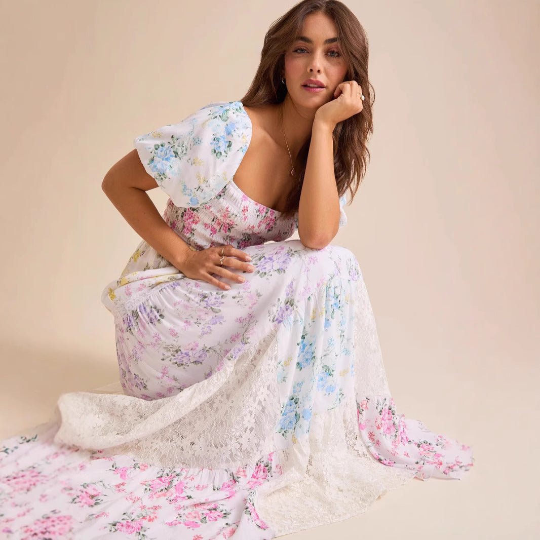 Floral Lace Panel Puff Sleeve Shirred Maxi Dress
