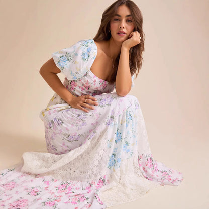 Floral Lace Panel Puff Sleeve Shirred Maxi Dress