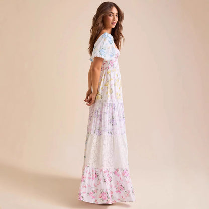 Floral Lace Panel Puff Sleeve Shirred Maxi Dress