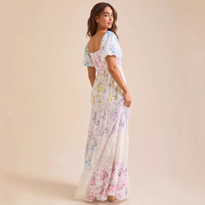Floral Lace Panel Puff Sleeve Shirred Maxi Dress