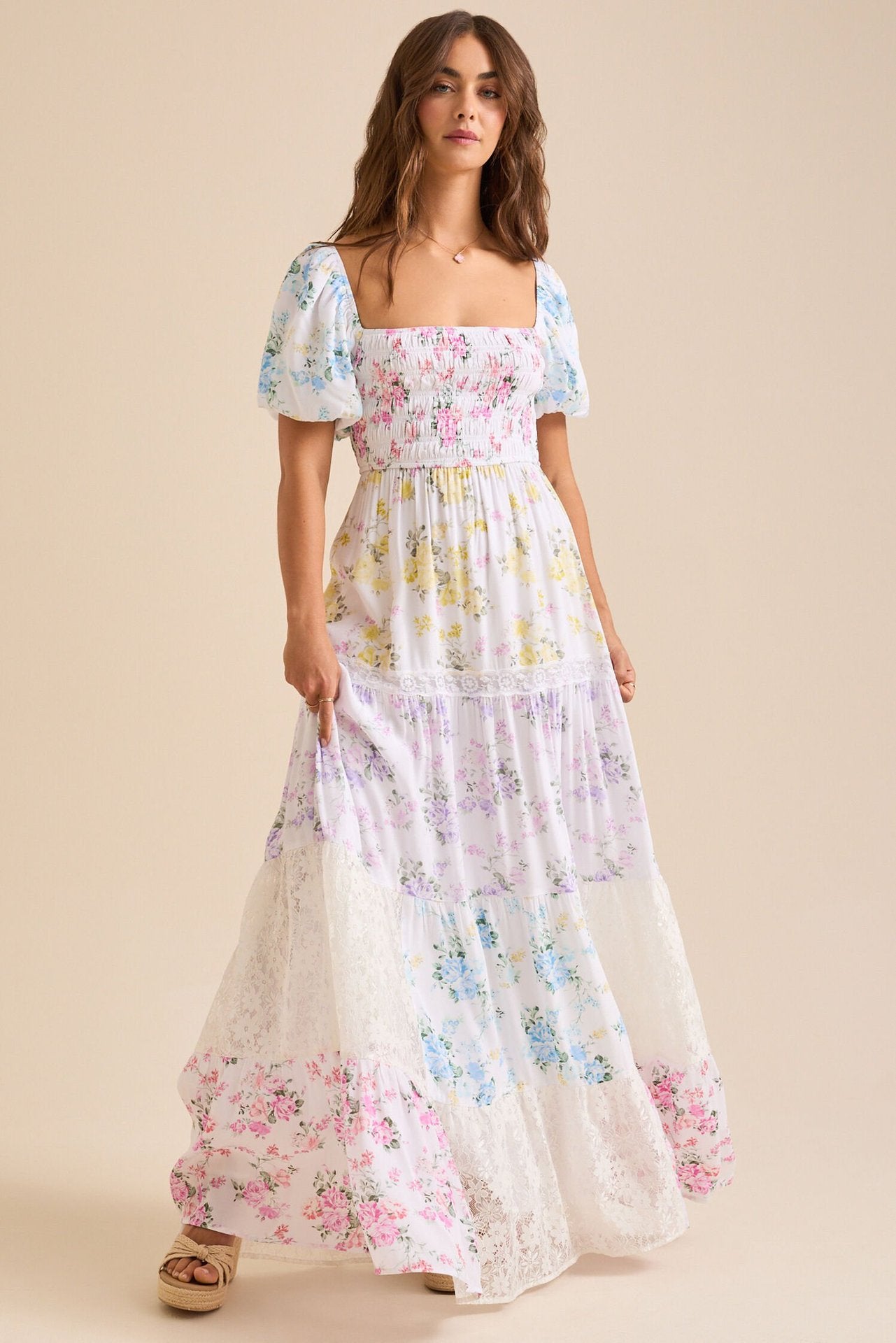 Floral Lace Panel Puff Sleeve Shirred Maxi Dress