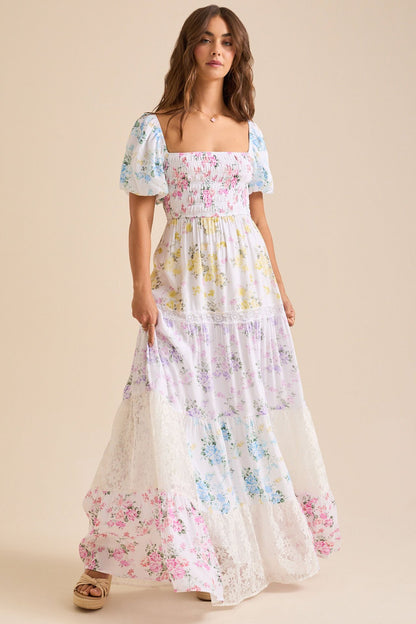 Floral Lace Panel Puff Sleeve Shirred Maxi Dress