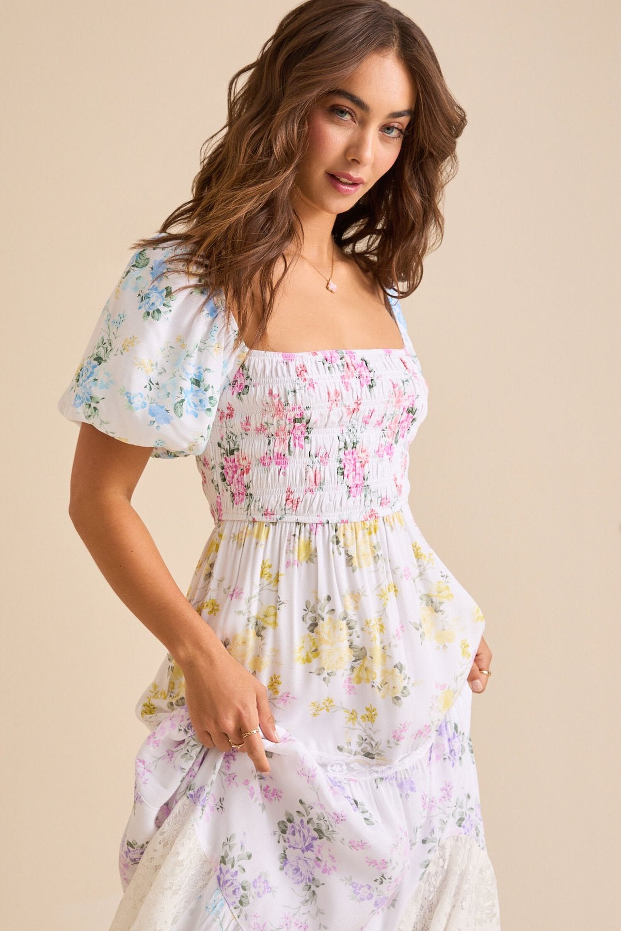 Floral Lace Panel Puff Sleeve Shirred Maxi Dress