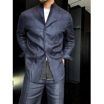 Linen Stand-Up Collar Shirt And Pants Two-Piece Set