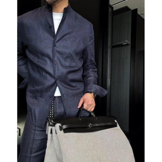 Linen Stand-Up Collar Shirt And Pants Two-Piece Set