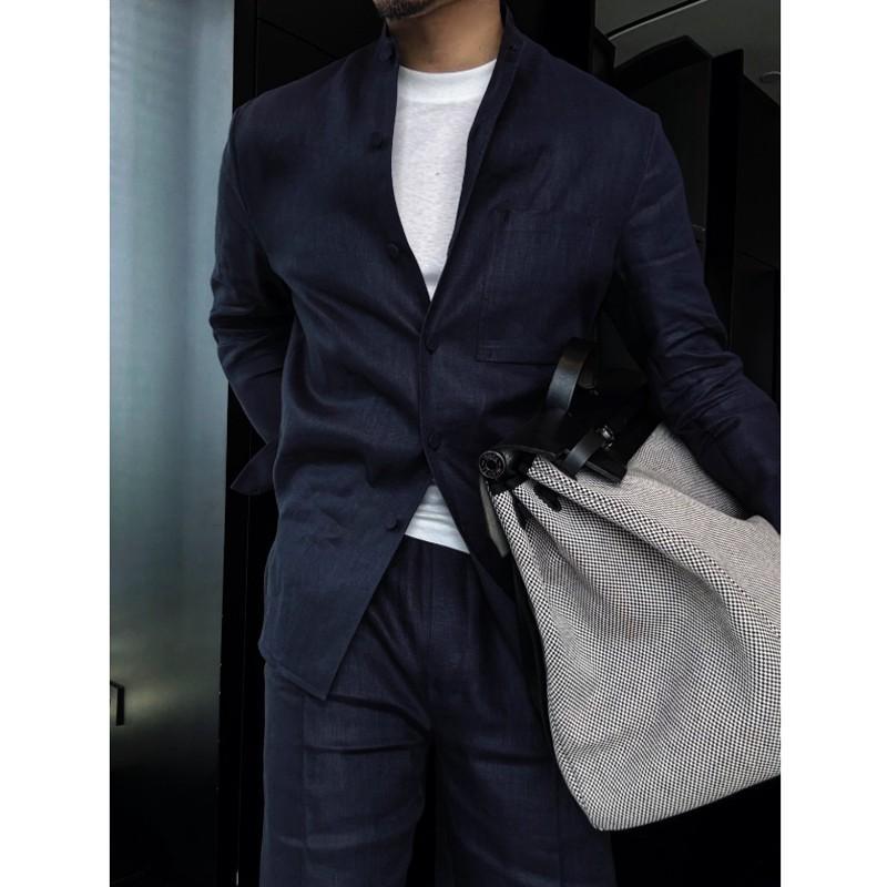 Linen Stand-Up Collar Shirt And Pants Two-Piece Set