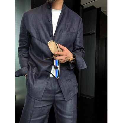 Linen Stand-Up Collar Shirt And Pants Two-Piece Set