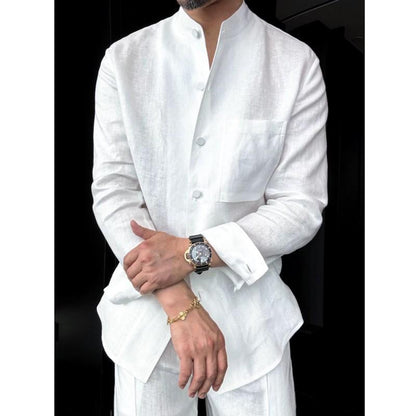 Linen Stand-Up Collar Shirt And Pants Two-Piece Set