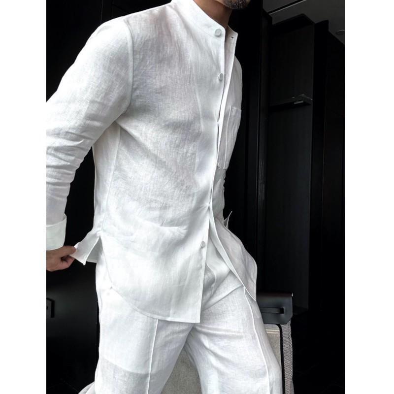 Linen Stand-Up Collar Shirt And Pants Two-Piece Set