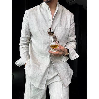 Linen Stand-Up Collar Shirt And Pants Two-Piece Set