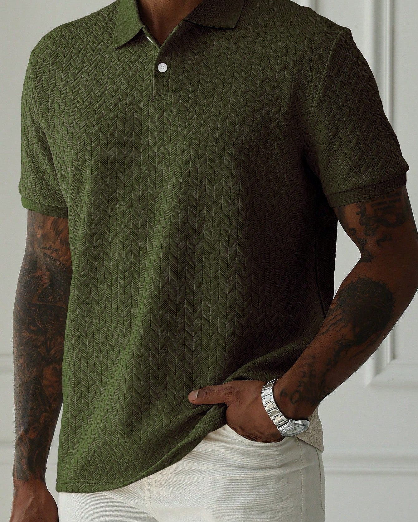 Men's Geometric Diamond-Textured Jacquard Knit Short-Sleeve Polo Shirt