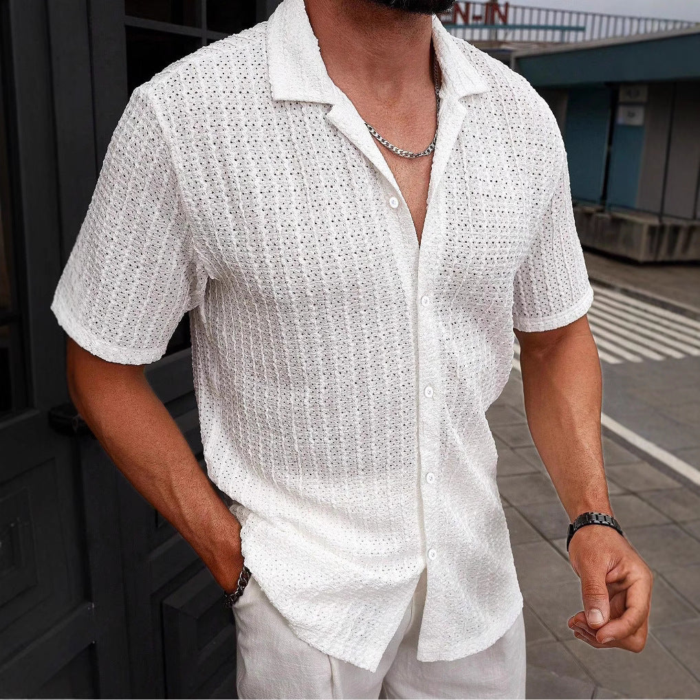 Men's Relaxed Hollow-Out Jacquard Knit Cuban Collar Shirt