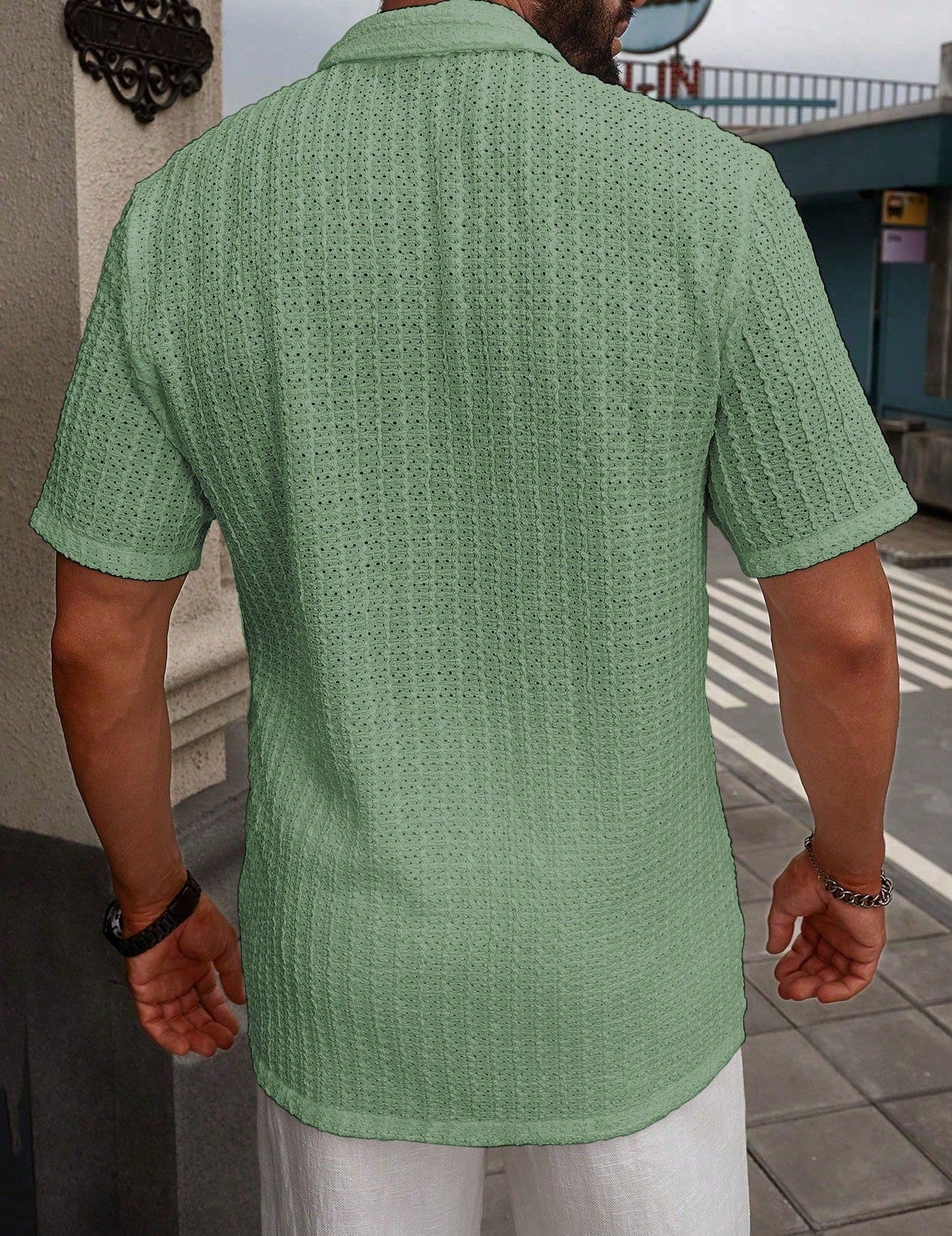 Men's Relaxed Hollow-Out Jacquard Knit Cuban Collar Shirt
