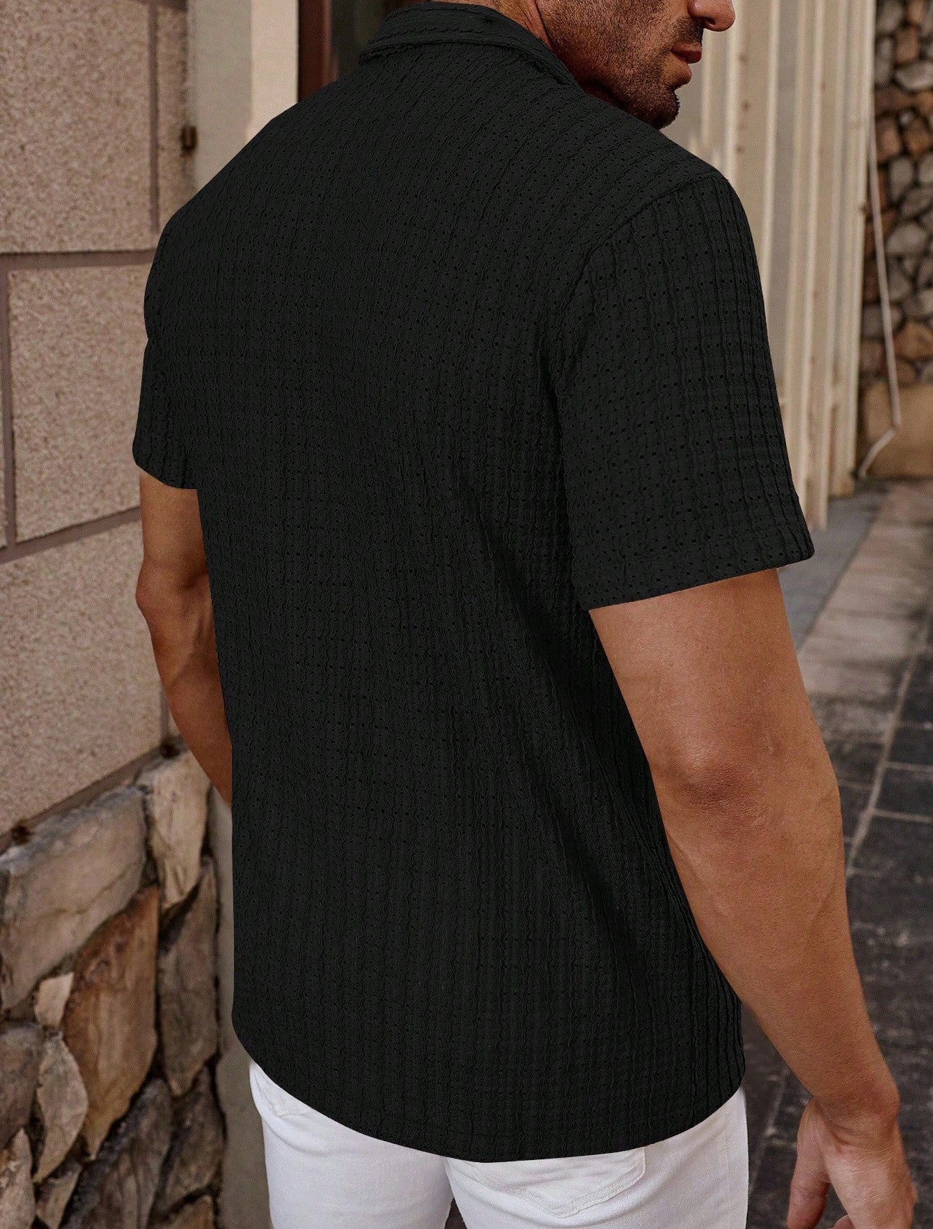 Men's Relaxed Hollow-Out Jacquard Knit Cuban Collar Shirt
