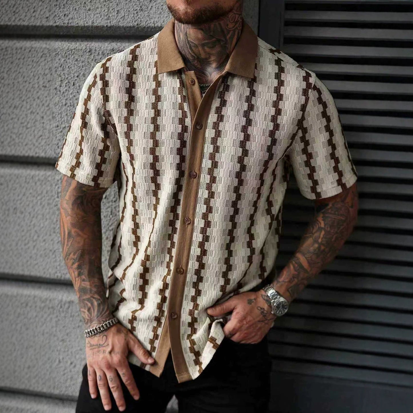 Men's Retro Checkered Knit Short-Sleeve Shirt
