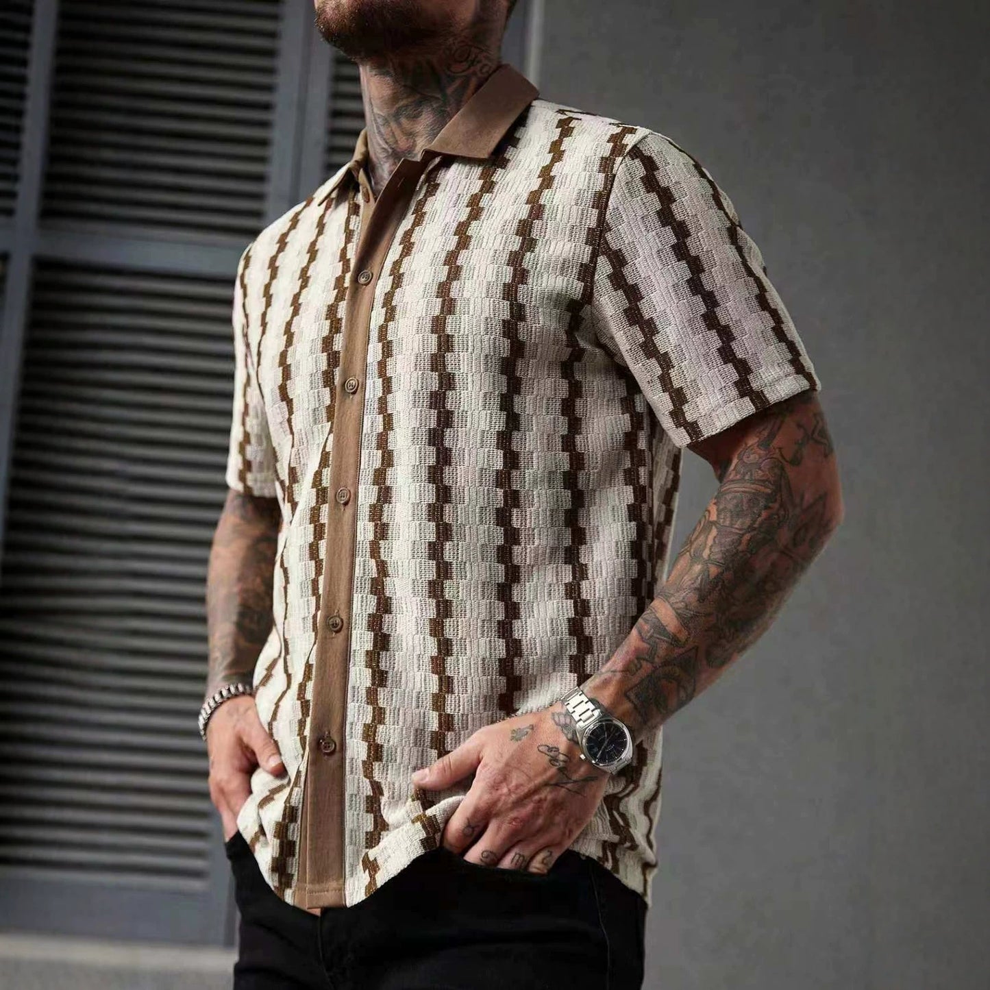 Men's Retro Checkered Knit Short-Sleeve Shirt