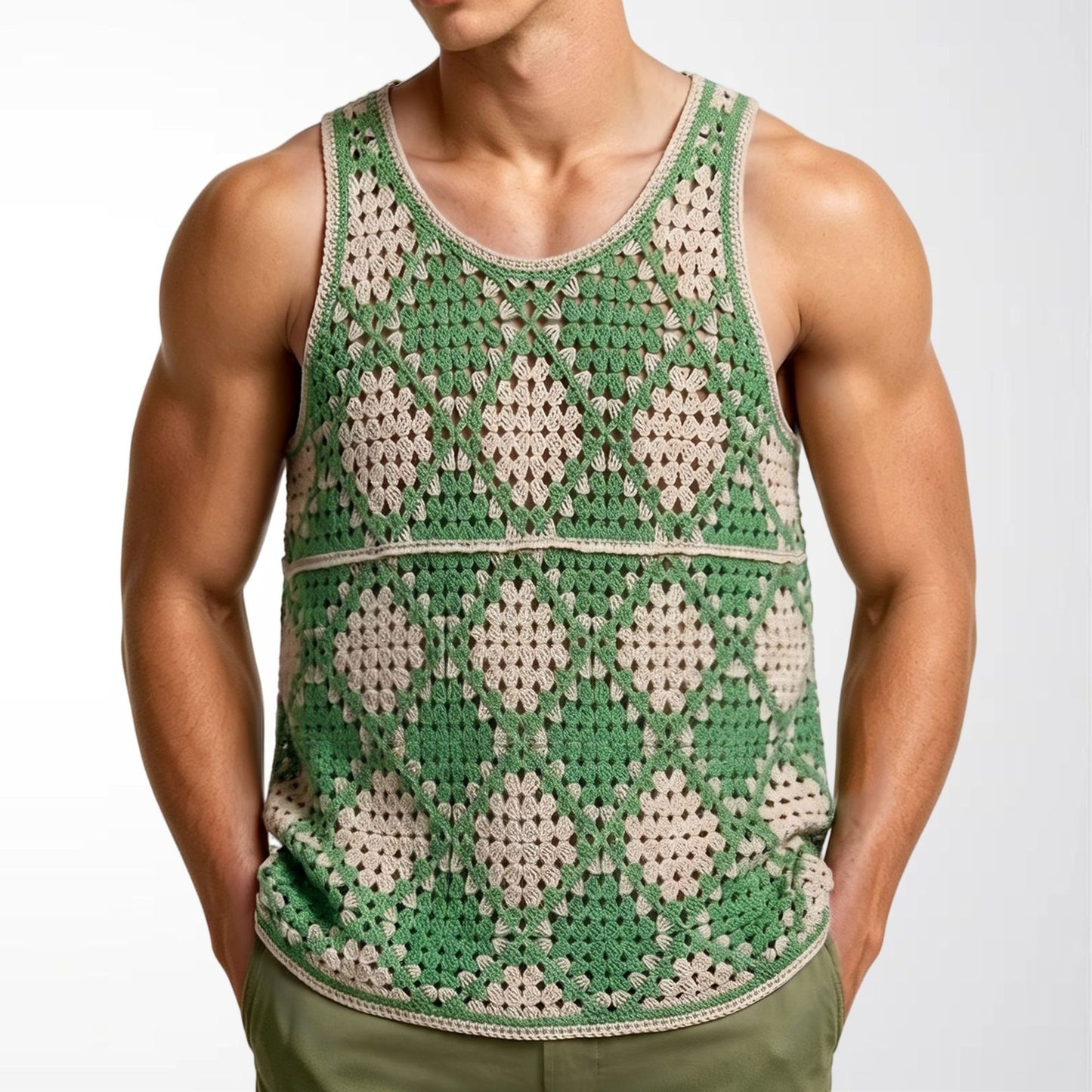 Color-blocked diamond pattern openwork knit vest