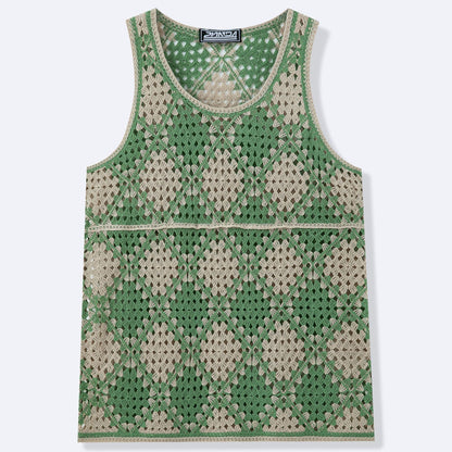 Color-blocked diamond pattern openwork knit vest