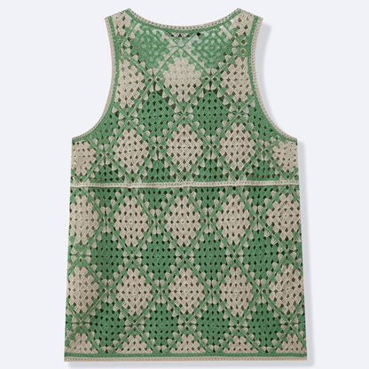 Color-blocked diamond pattern openwork knit vest