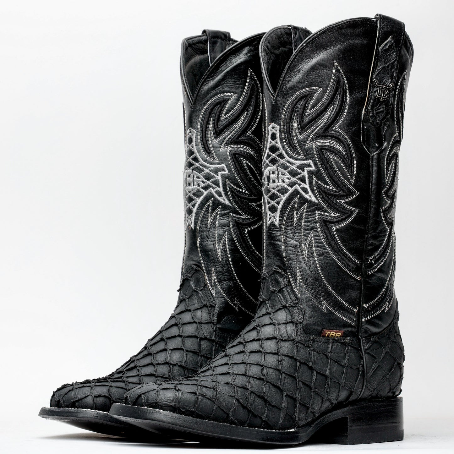 Matte Black Mini Pirarucu Leather Boots - Square Toe