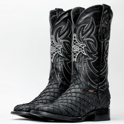 Matte Black Mini Pirarucu Leather Boots - Square Toe