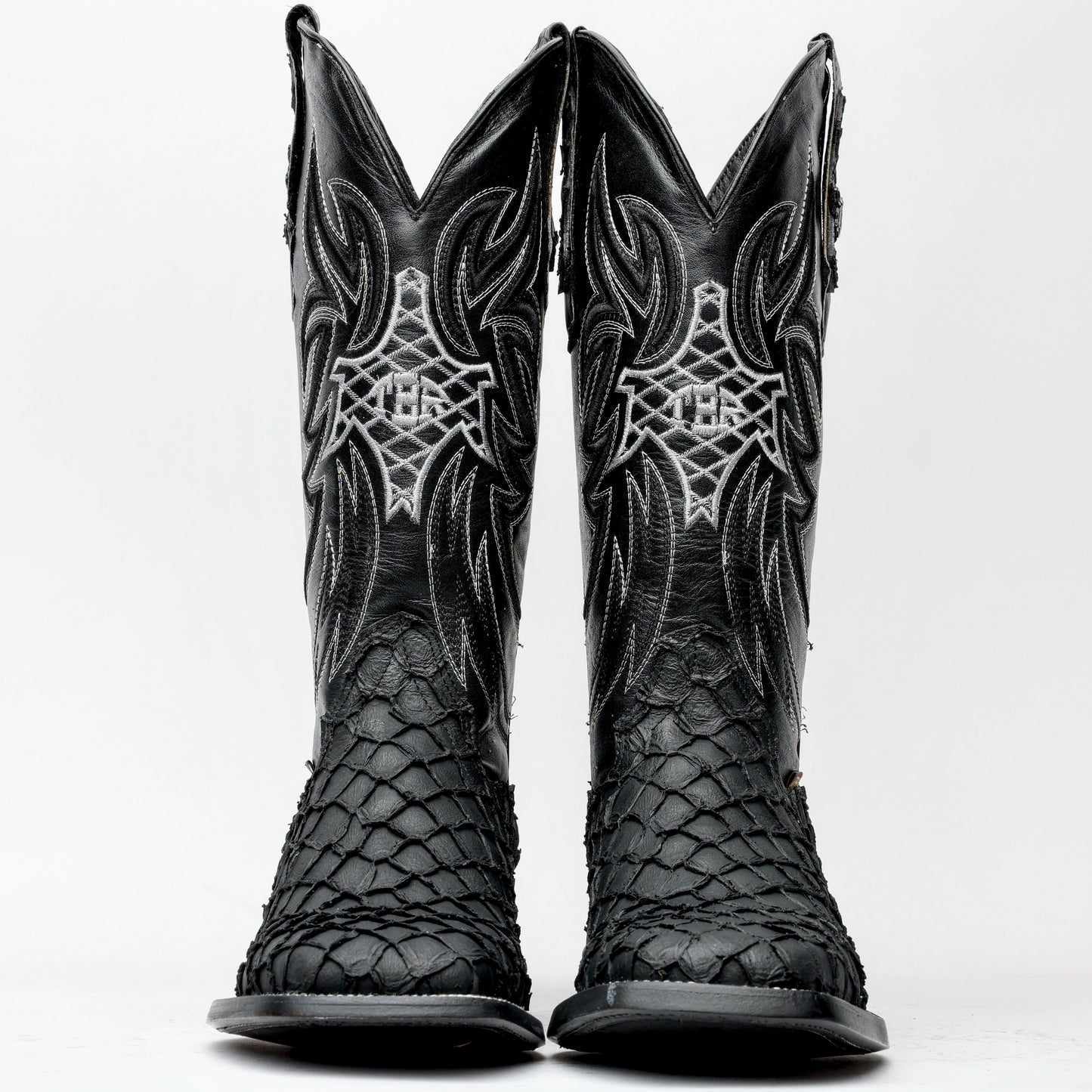 Matte Black Mini Pirarucu Leather Boots - Square Toe