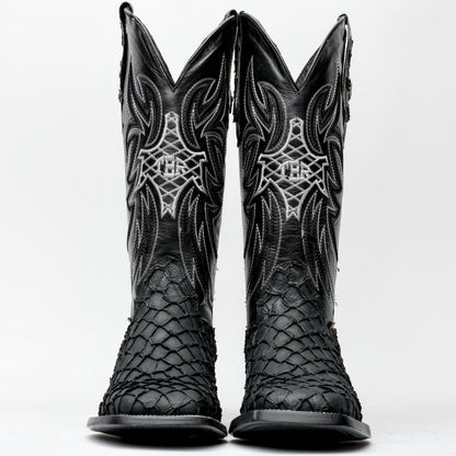 Matte Black Mini Pirarucu Leather Boots - Square Toe