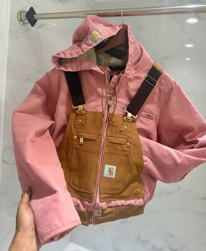 Workwear-Style Patchwork Hooded Jacket With Suspenders