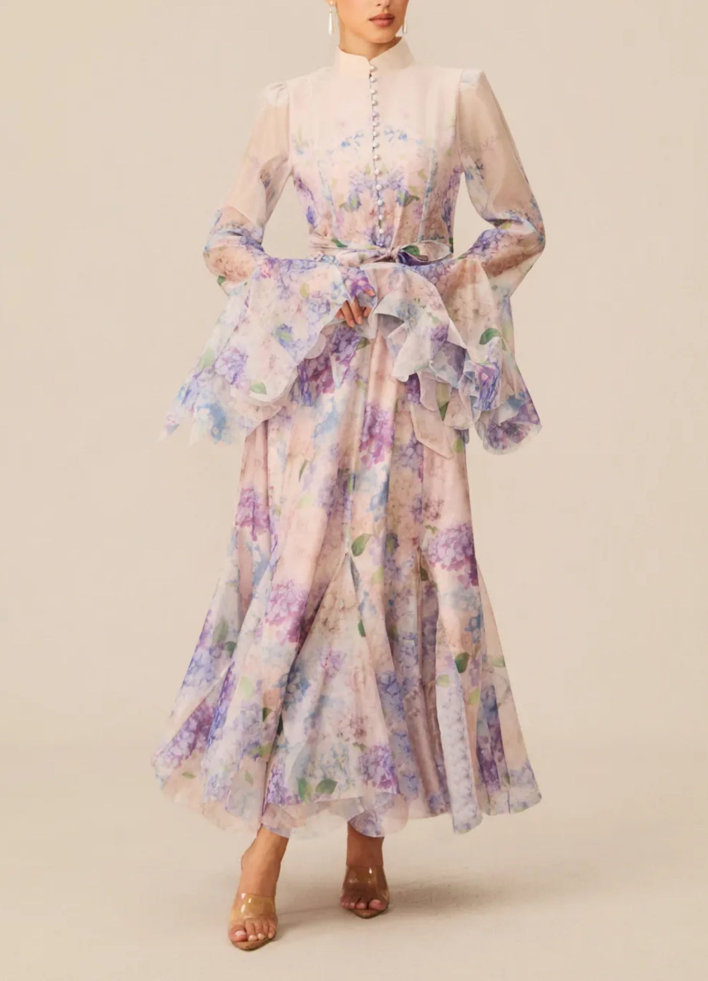 Floral Print Ruffle Cuff Maxi Dress
