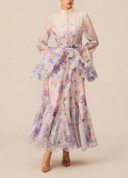 Floral Print Ruffle Cuff Maxi Dress