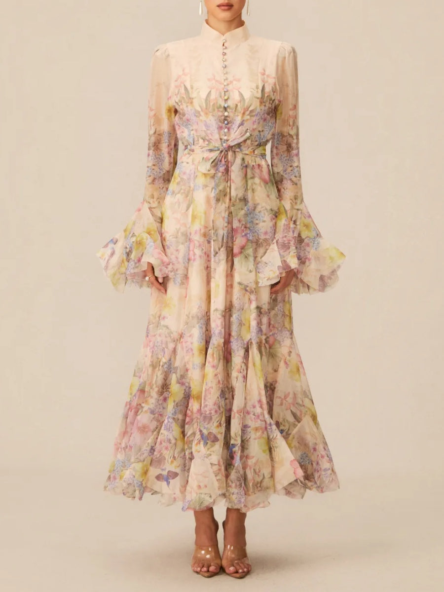 Floral Print Ruffle Cuff Maxi Dress