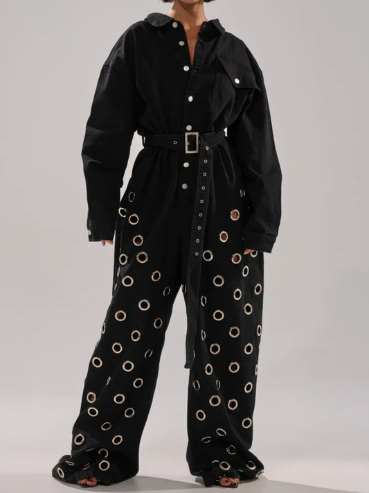 DENIM JUMPSUIT WITH GROMMETS