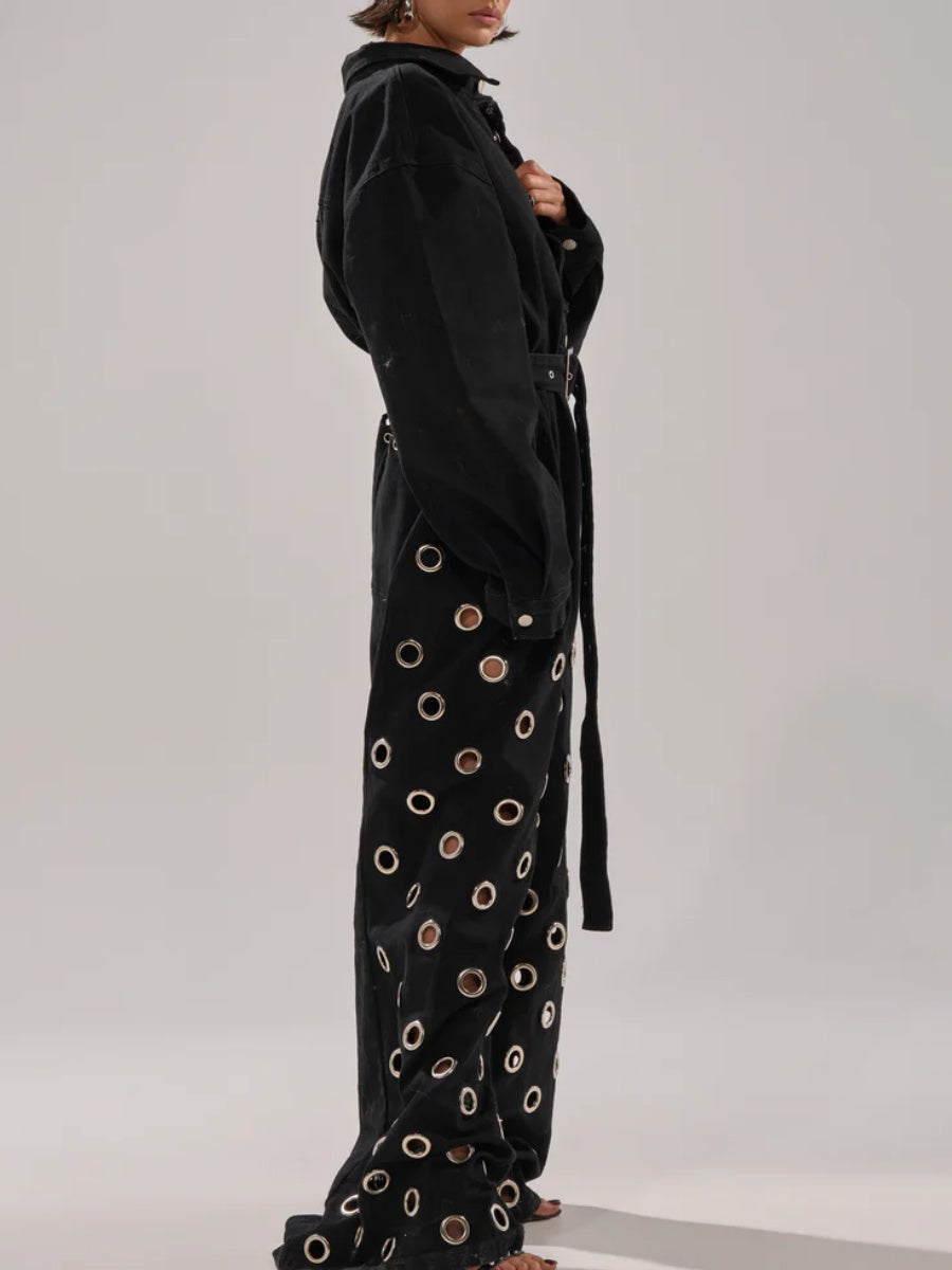 DENIM JUMPSUIT WITH GROMMETS