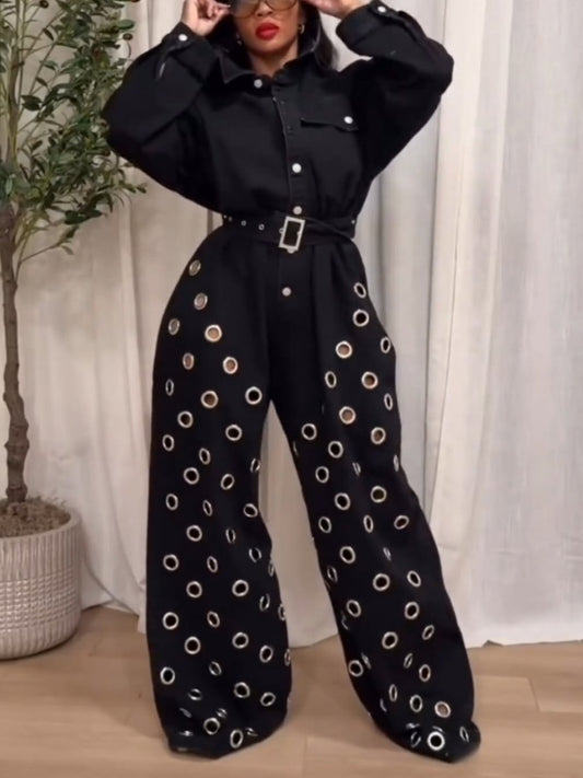 DENIM JUMPSUIT WITH GROMMETS