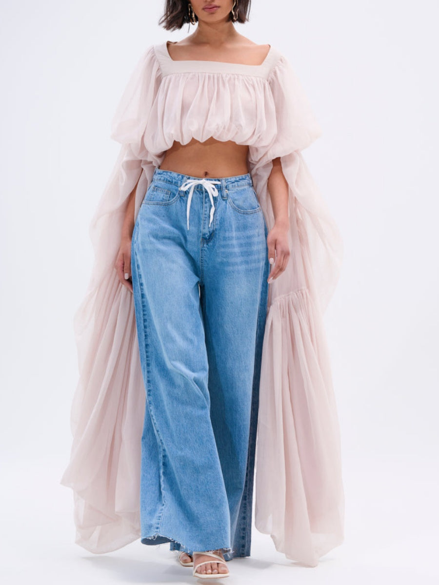 SLOUCHY SQUARE NECK LONG SLEEVE BLOUSE TOP