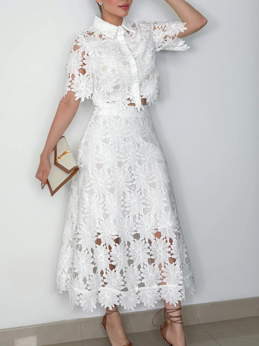 Hollow-out crop top and skirt set
