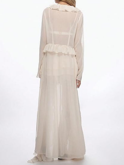 Ruffle Tie Front Long Sleeve Chiffon Shirt