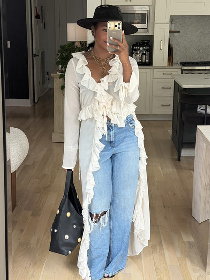 Ruffle Tie Front Long Sleeve Chiffon Shirt