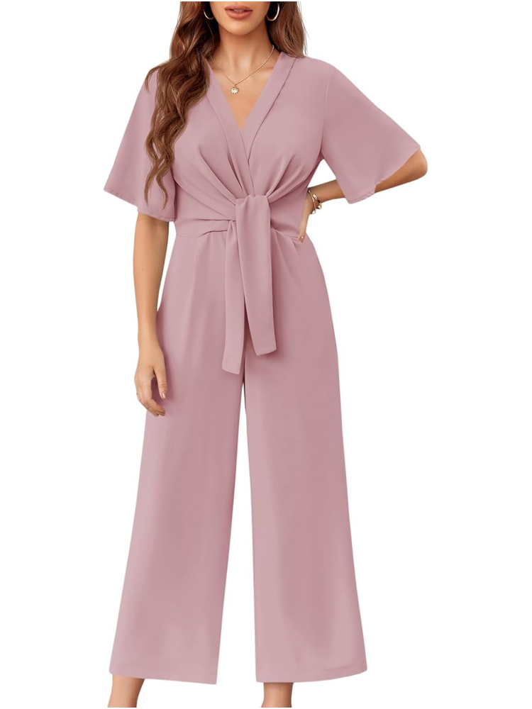 Short Sleeve Tie Knot Front Wide Leg Jumpsuits