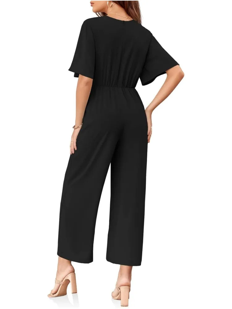 Short Sleeve Tie Knot Front Wide Leg Jumpsuits