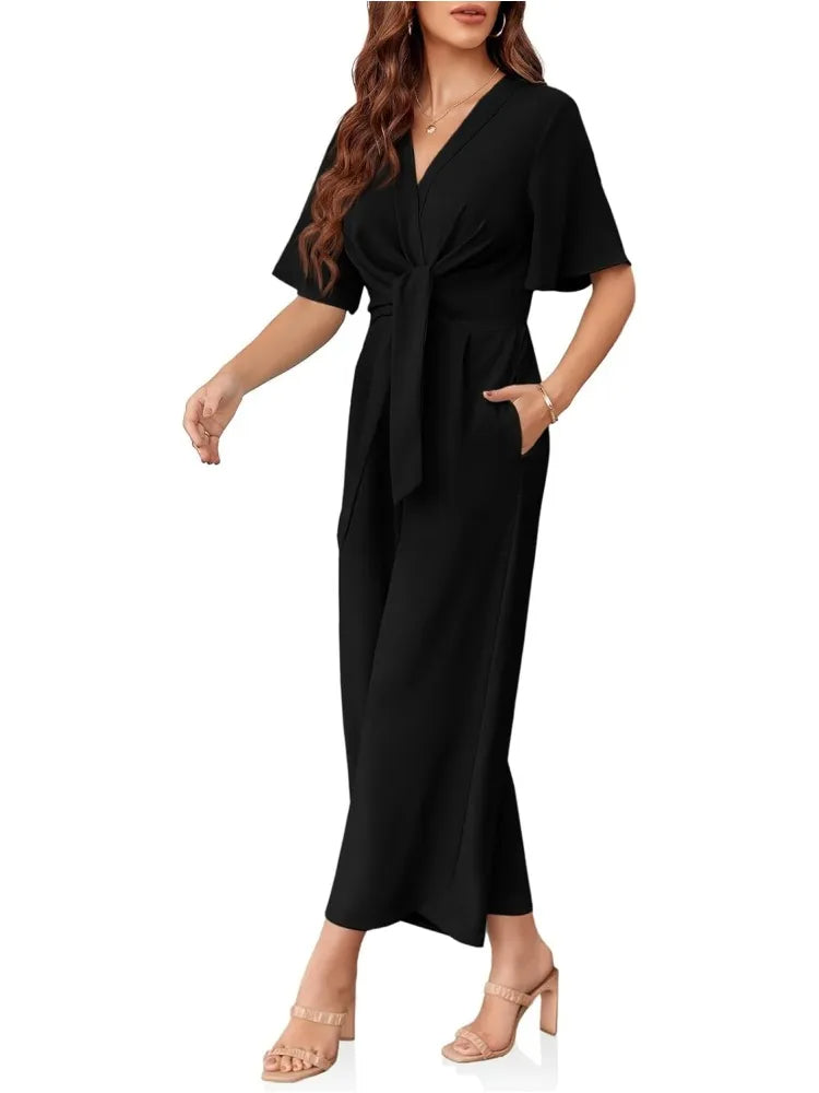 Short Sleeve Tie Knot Front Wide Leg Jumpsuits