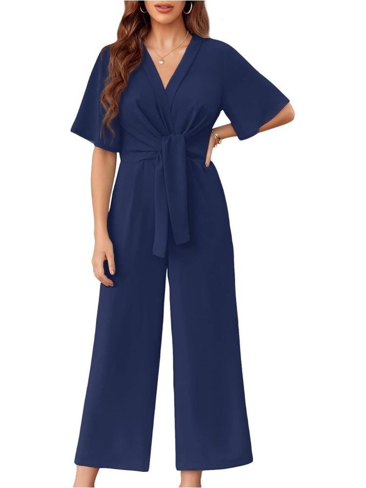 Short Sleeve Tie Knot Front Wide Leg Jumpsuits